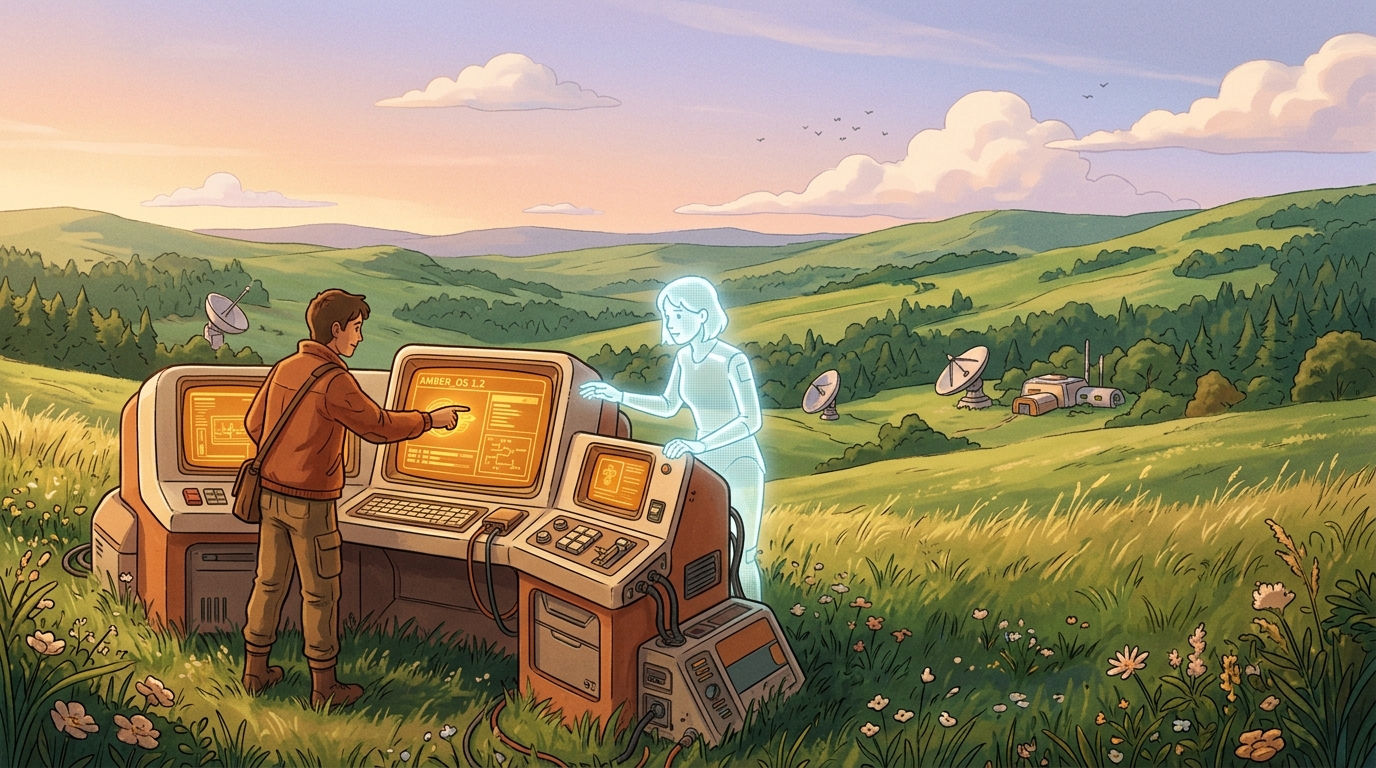 Human and AI collaborating at a retro-futuristic station on a green hillside